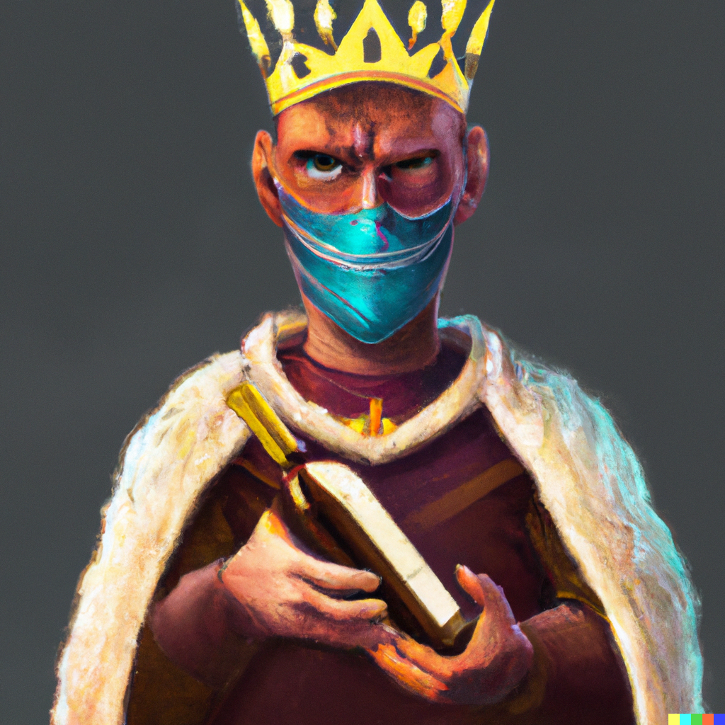 A masked king holding a bottle of wine