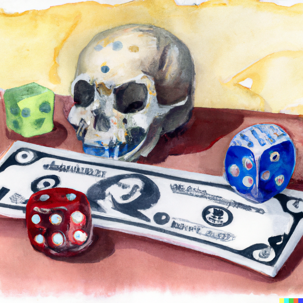 Painting of a skull on a table with dice and cash.